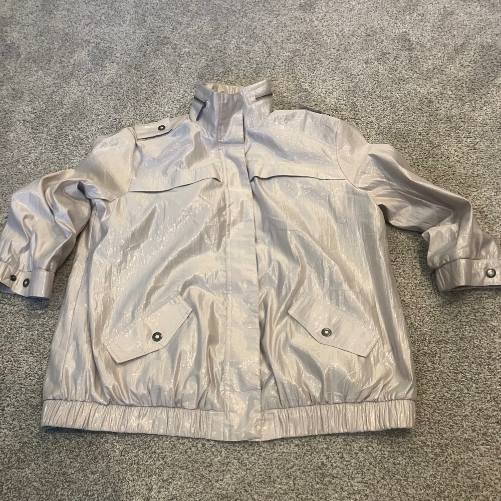 Chicos Metallic Champagne Utility Jacket Funnel Neck Windbreaker Size 2 Large
